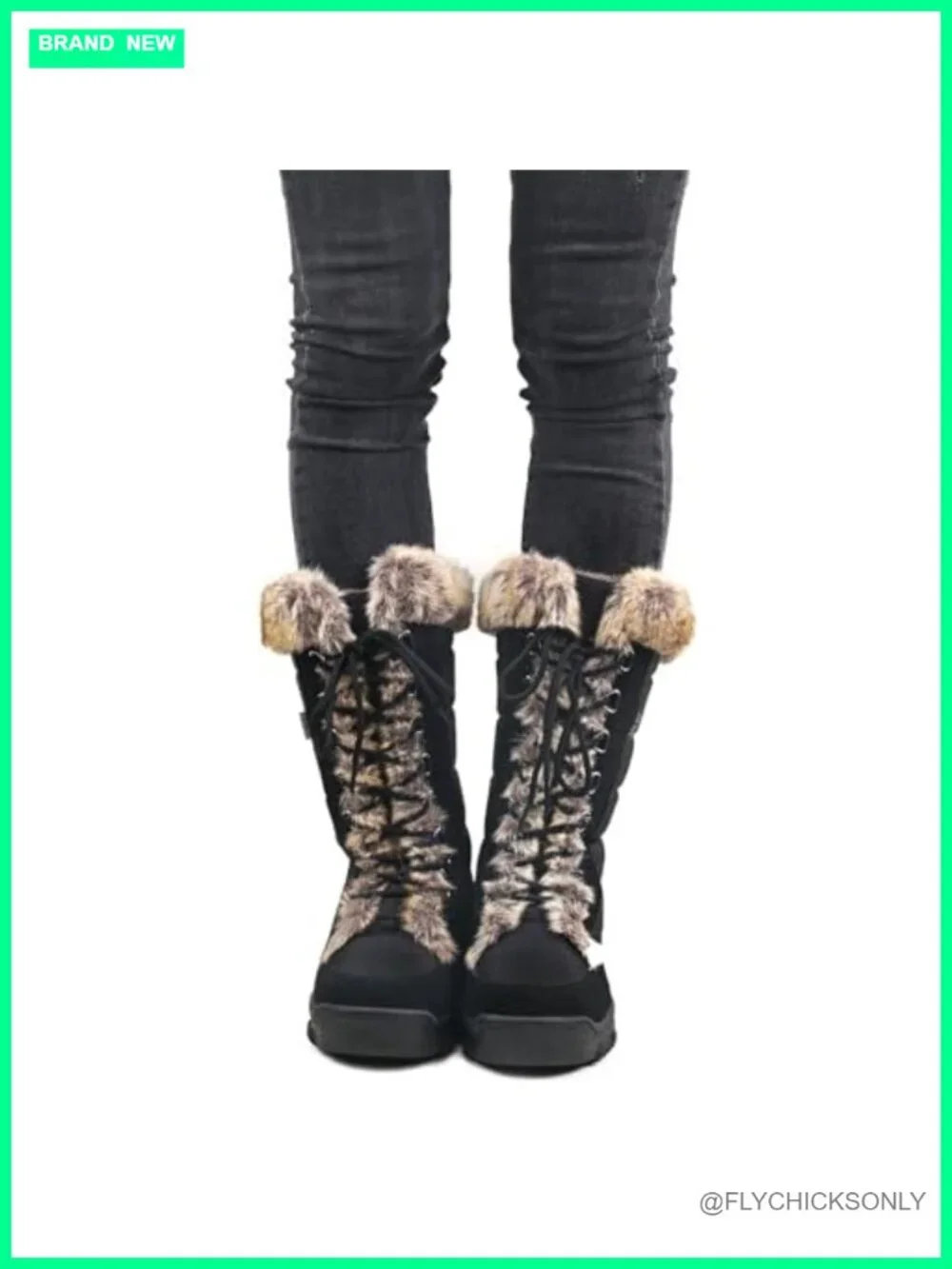 Women's Black Snow Boots Fur Cuff Mid-Calf Waterproof Lace Up Winter